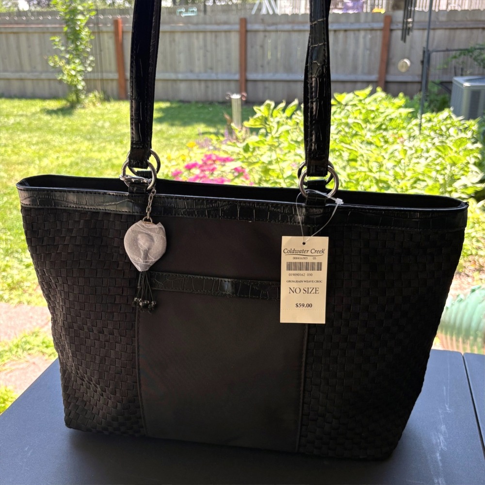 Coldwater Creek‎ Black Grosgrain Weave Croc Trim Tote Shoulder Bag NWT